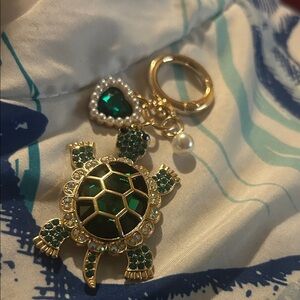 Gold and Green Turtle Keychain with Heart Charm
